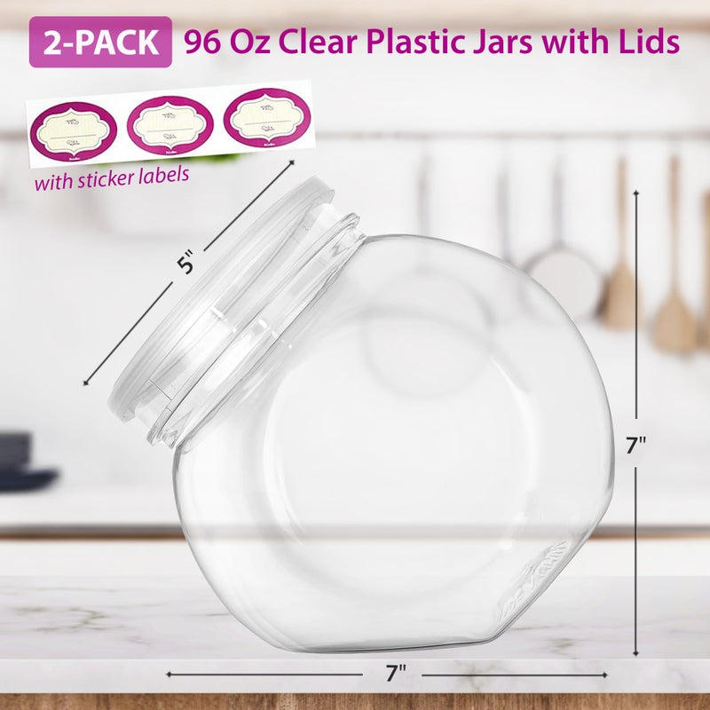DilaBee 2-Pack Plastic Candy Jar - 96oz Large Candy Jars with Lids for Candy Buffet, Kitchen & Office Desk - Plastic Jars with Lids for Candy, Cookies & Snacks - Clear Jar with Labels BPA-Free - Image 1